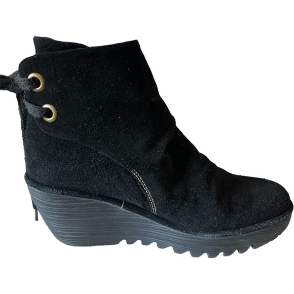 FLY LONDON Yama Wrap Heel Tie Black Suede Wedge Boots Booties 38 US 7.5 - 8 - Picture 2 of 11